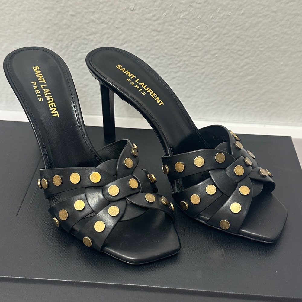 NIB Saint Laurent Tribute 85 Womens Leather Peep-Toe Sandals - Picture 3 of 14